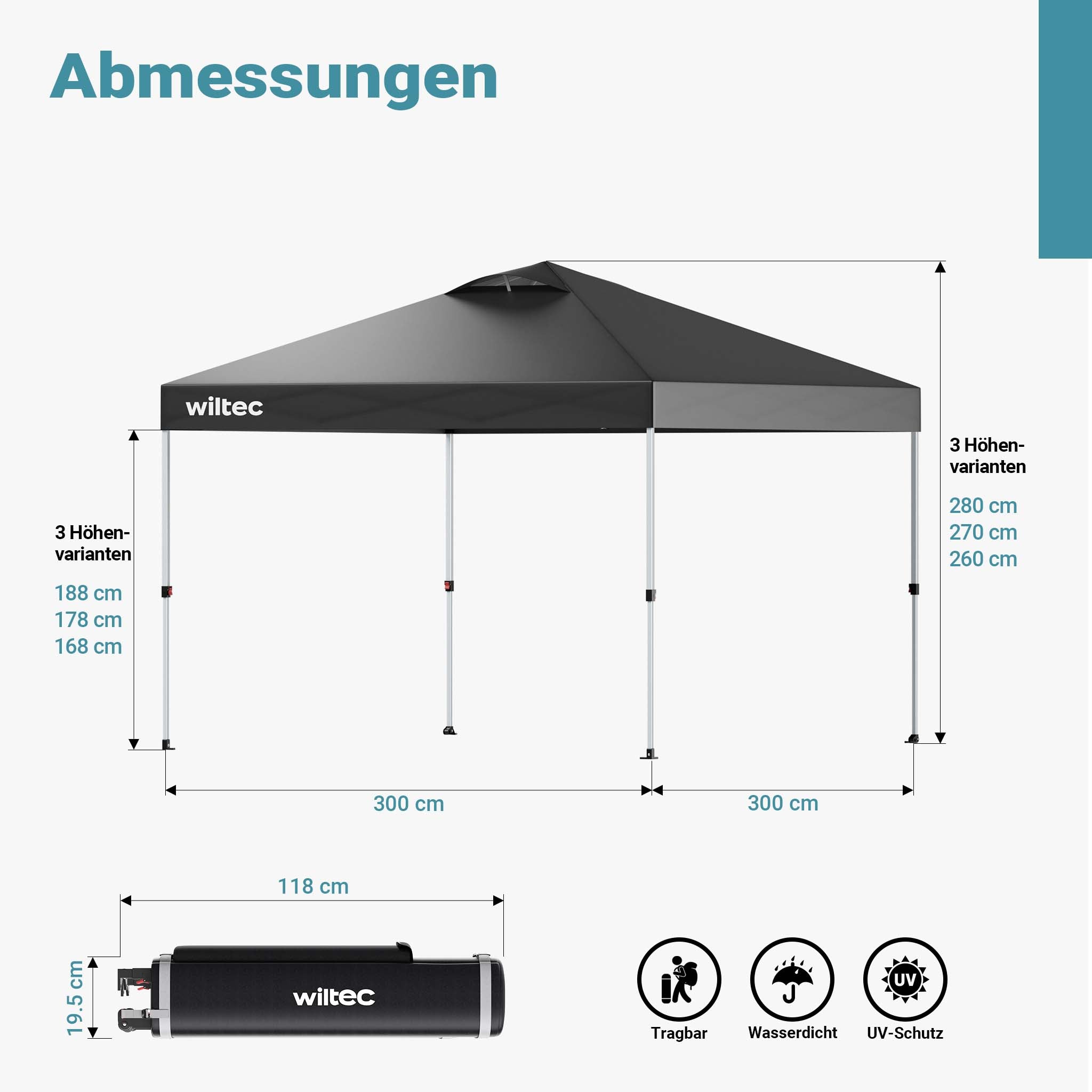 Gazebo pieghevole pop-up grigio, 3 x 3 m con ruote Tenda per fiere eventi mercati