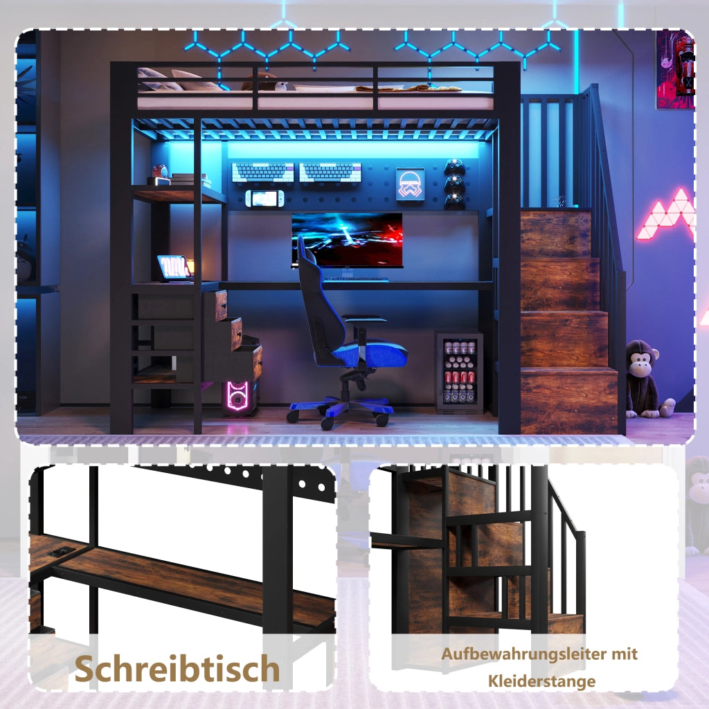 Letto a castello con scrivania a LED 90x200 cm realizzato in MDF nero e metallo