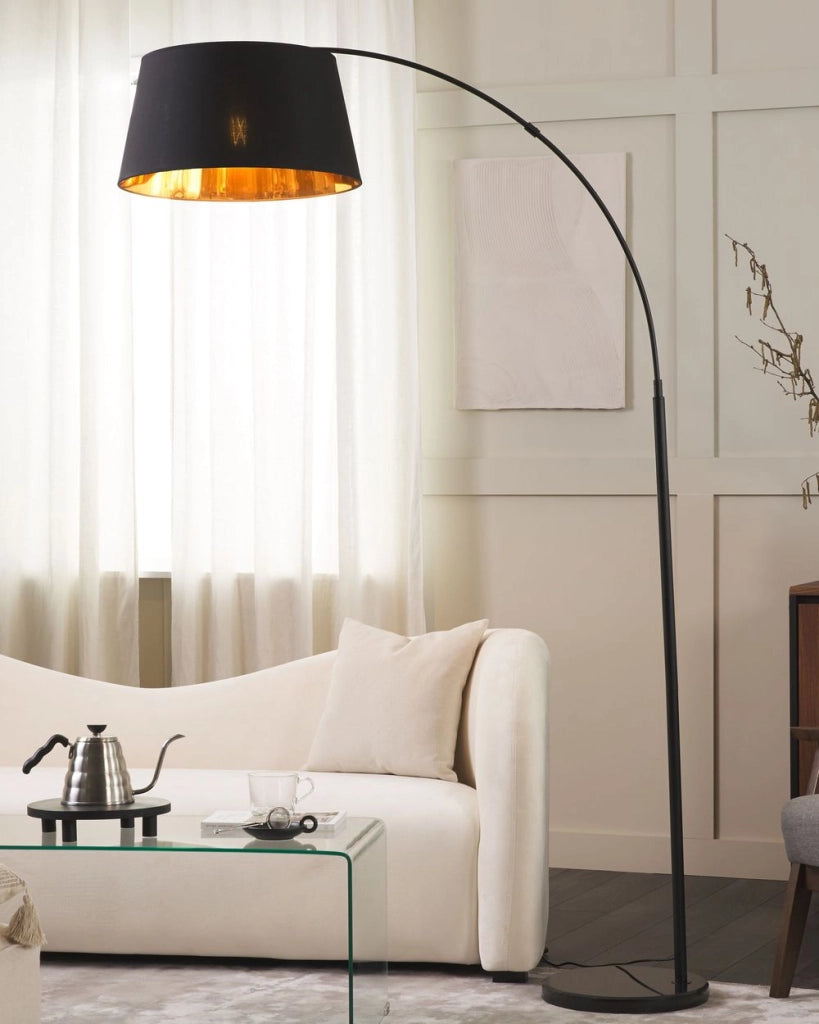 Lampada da terra in metallo nero 187 cm Struttura curva paralume a tamburo in cotone Base in marmo Design moderno