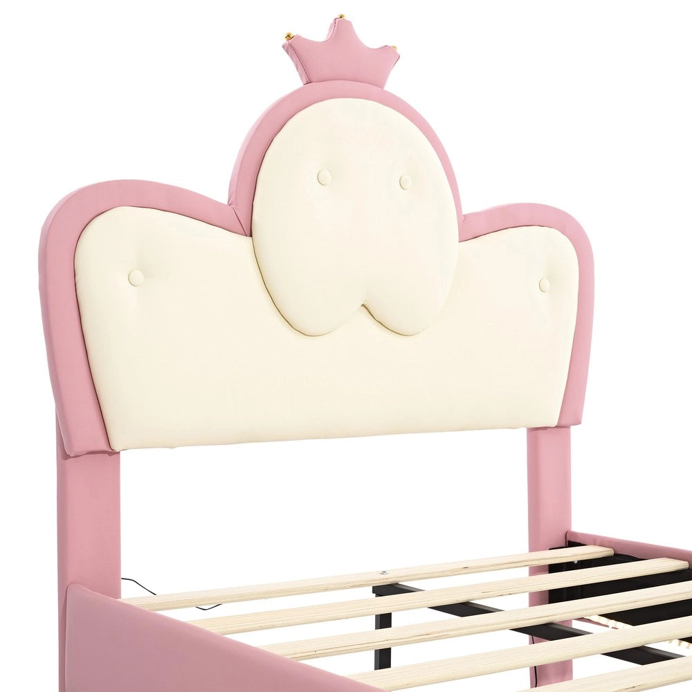 Letto Imbottito Singolo con LED e Testiera a Corona ¨C MINIMAL ¨C Rosa/Bianco, PU, 90x200 cm