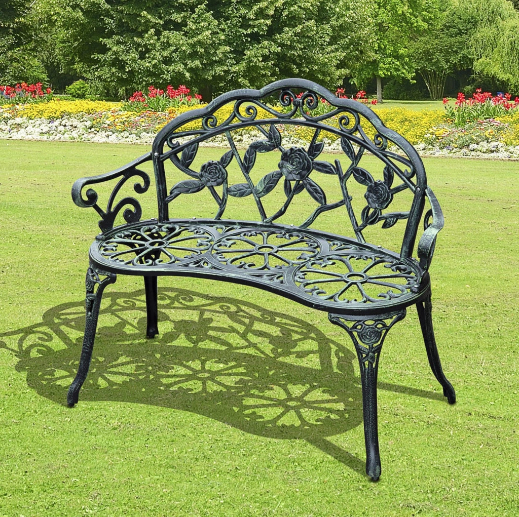 Panca da giardino ULEVR 2 posti 100x54x78 cm in alluminio pressofuso e ghisa, verde antico
