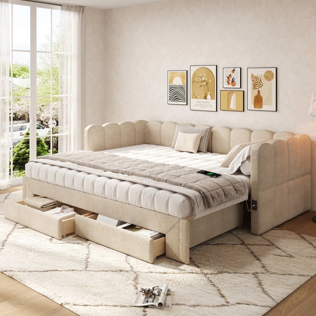 Letto daybed estraibile 90x200 cm con USB e Type-C; 2 cassetti; chenille beige
