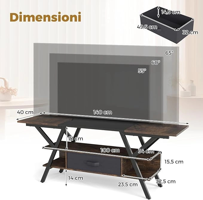 Mobile Porta TV per Schermo fino a 65'', Tavolo per TV con Luci LED Regolabili, Stazione di Ricarica e Telecomando, Consolle Media a 3 Ripiani con Cassetto per Soggiorno, 140x40x54cm (Marrone)