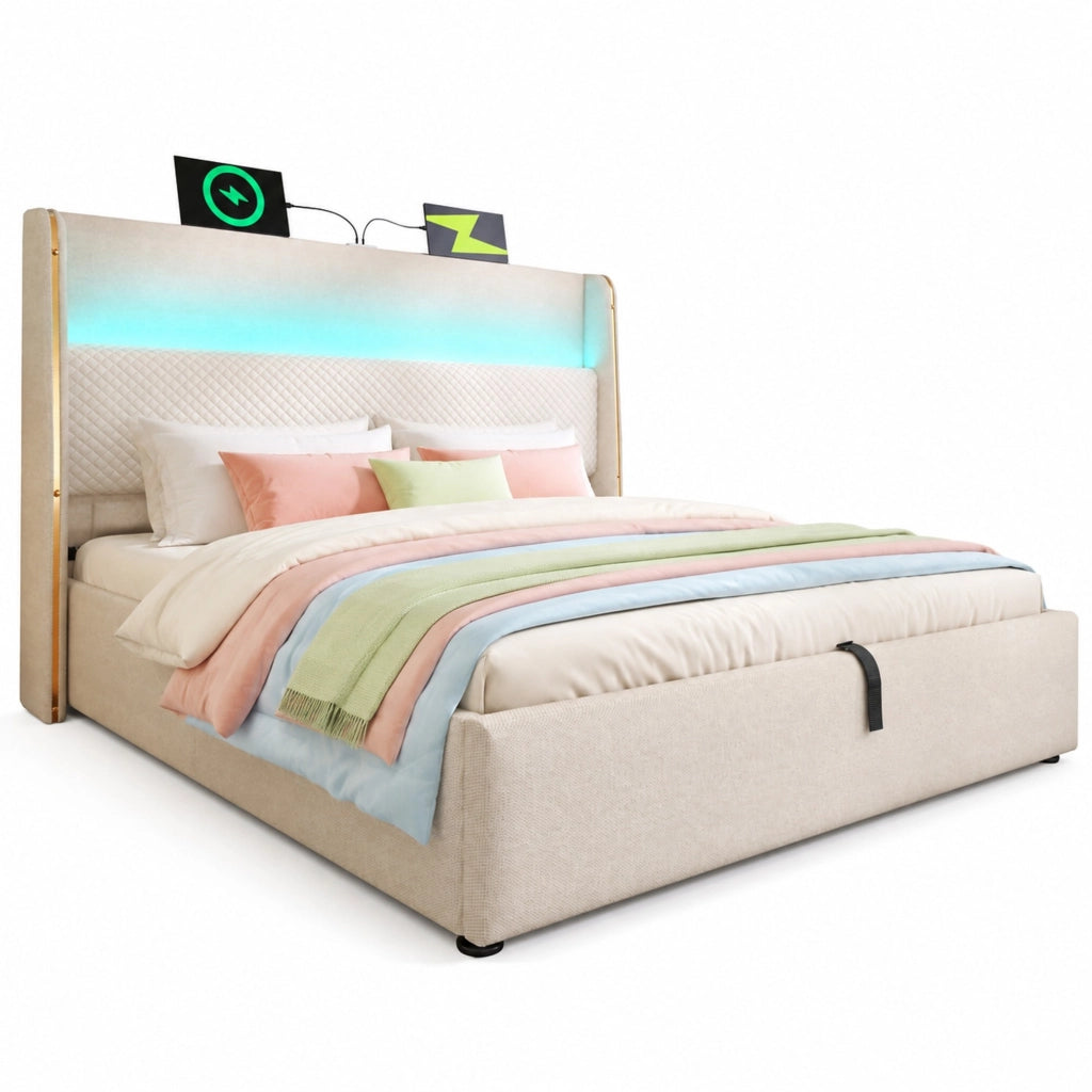 Letto matrimoniale idraulico 180x200 cm con testiera alta, LED, USB e Type-C, beige