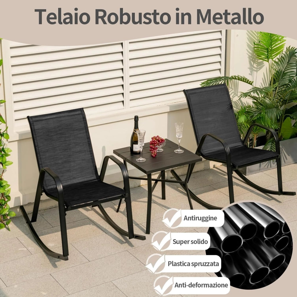 Sedie a Dondolo da Giardino 2 Pezzi, Dondoli da Esterno Ergonomici in Textilene Traspirante e Movimento Dolce, Sedie Dondolo da Balcone Terrazzo Giardino, Portata 150 kg (Nero)