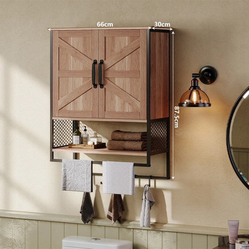 Mobiletto da bagno a parete in stile loft rustico con appendiabiti, marrone chiaro