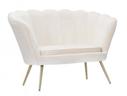 Divanetto 2 posti in velluto, colore crema, con gambe dorate dal particolare design che richiama i petali di un fiore, Misure 74 x 84 x 130 cm
