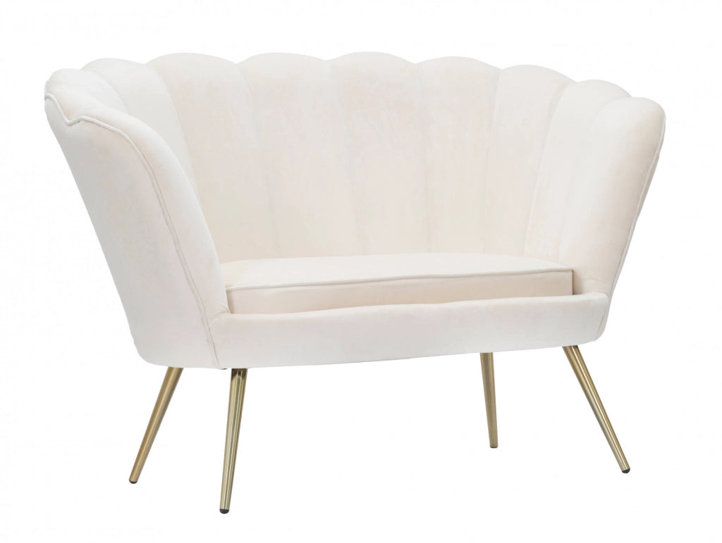 Divanetto 2 posti in velluto, colore crema, con gambe dorate dal particolare design che richiama i petali di un fiore, Misure 74 x 84 x 130 cm