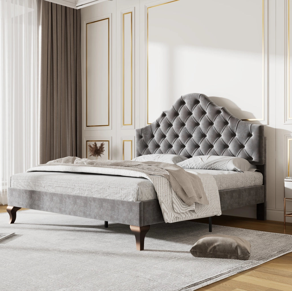 Letto imbottito matrimoniale 140x200 cm in velluto grigio con rete a doghe e testiera