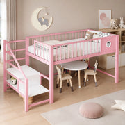 Letto a castello basso per bambini 90x200 cm in metallo con scala contenitiva; rosa
