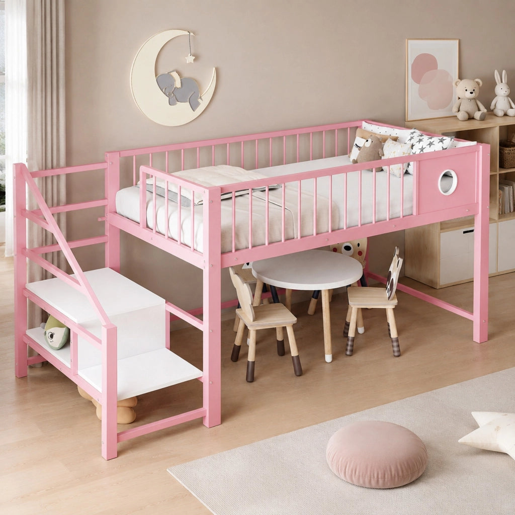 Letto a castello basso per bambini 90x200 cm in metallo con scala contenitiva; rosa