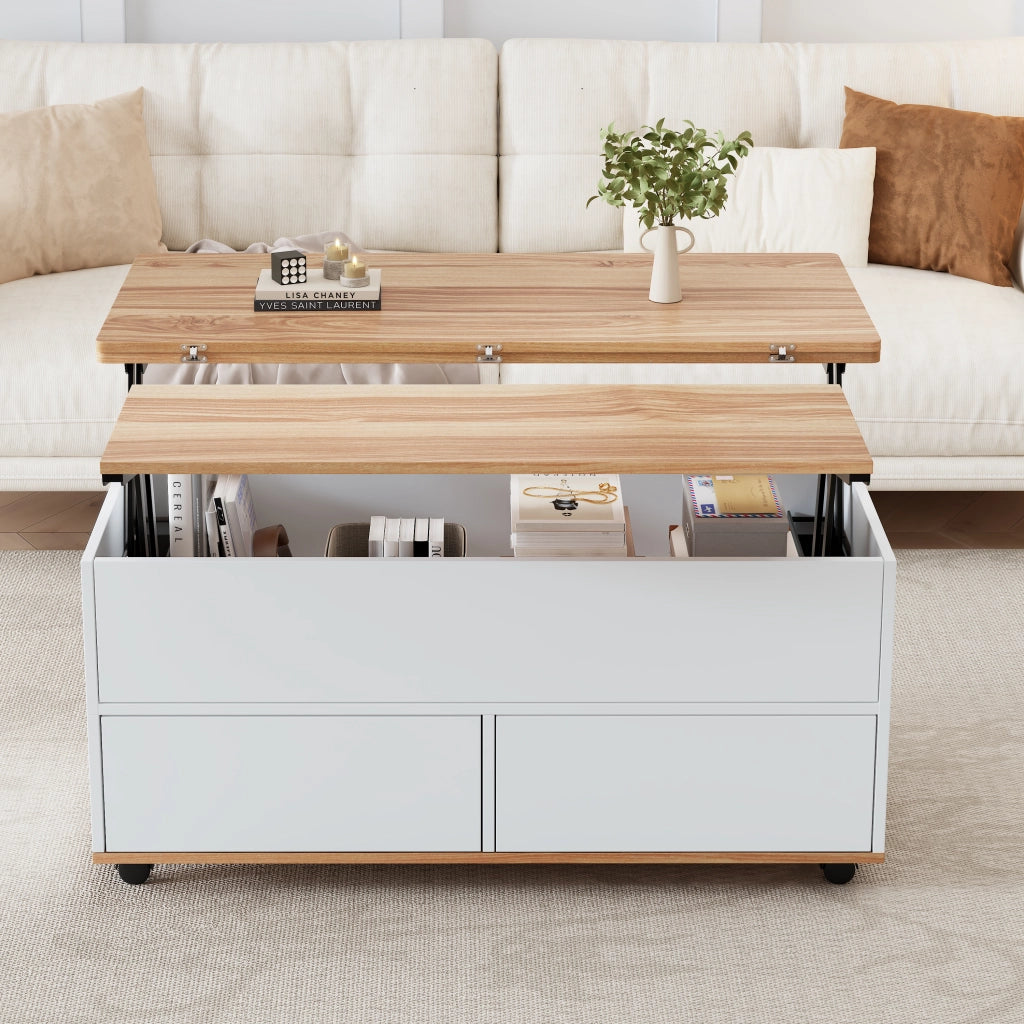 TAVOLO DA CAFFÈ Sollevabile 100 x 98 x 65 cm Bianco e Effetto Legno con Ruote