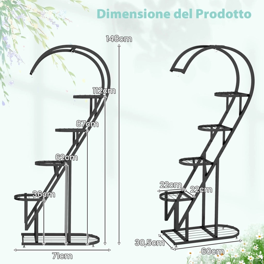 Scaffale per Piante in Metallo a 5 Livelli, Porta Piante a Forma di Cuore con Gancio, Scaffale per Fiori per Soggiorno, Camera da Letto e Balcone (Nero)