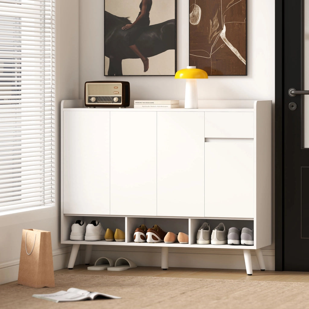 Scarpiera MDF bianca 120×35×100 cm, ante push‑open, ripiani regolabili, cassetto, kit antiribaltamento per ingresso