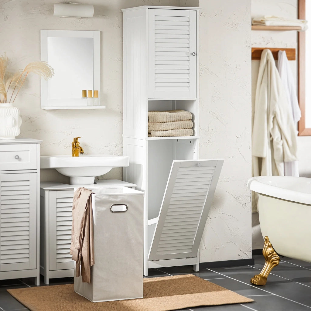 Mobile A Colonna Bagno Salvaspazio Mobile Alto Con Borsa Portabiancheria Pieghevole Bianco L40xP38xA170 Cm BZR124-W