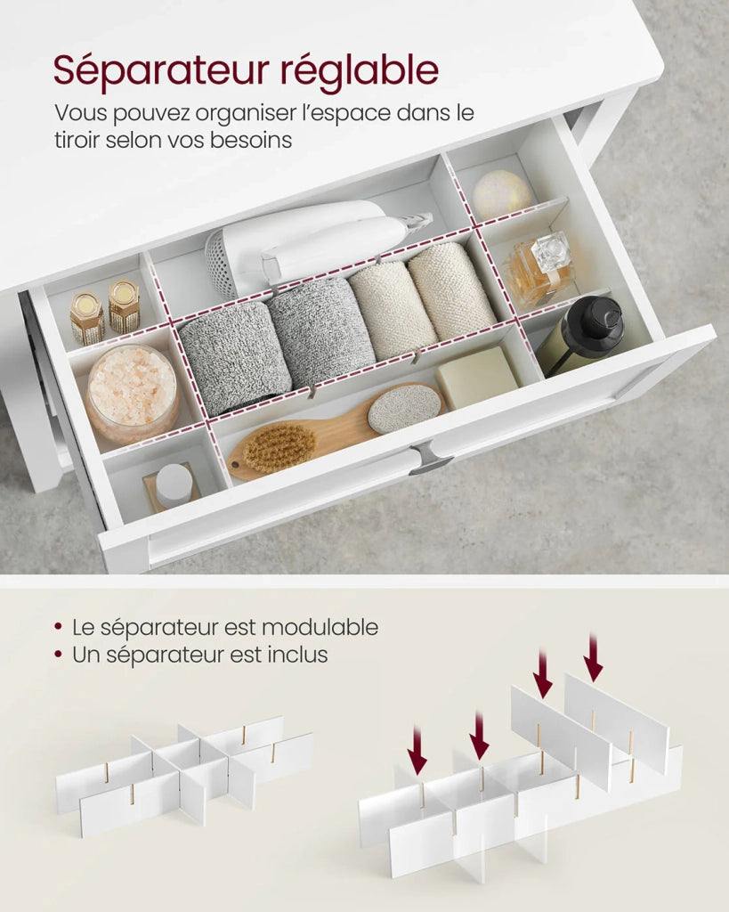 Mobiletto da bagno mobile contenitore con 2 cassetti 1 divisorio regolabile 2 cestelli credenza bianca 12_0006478