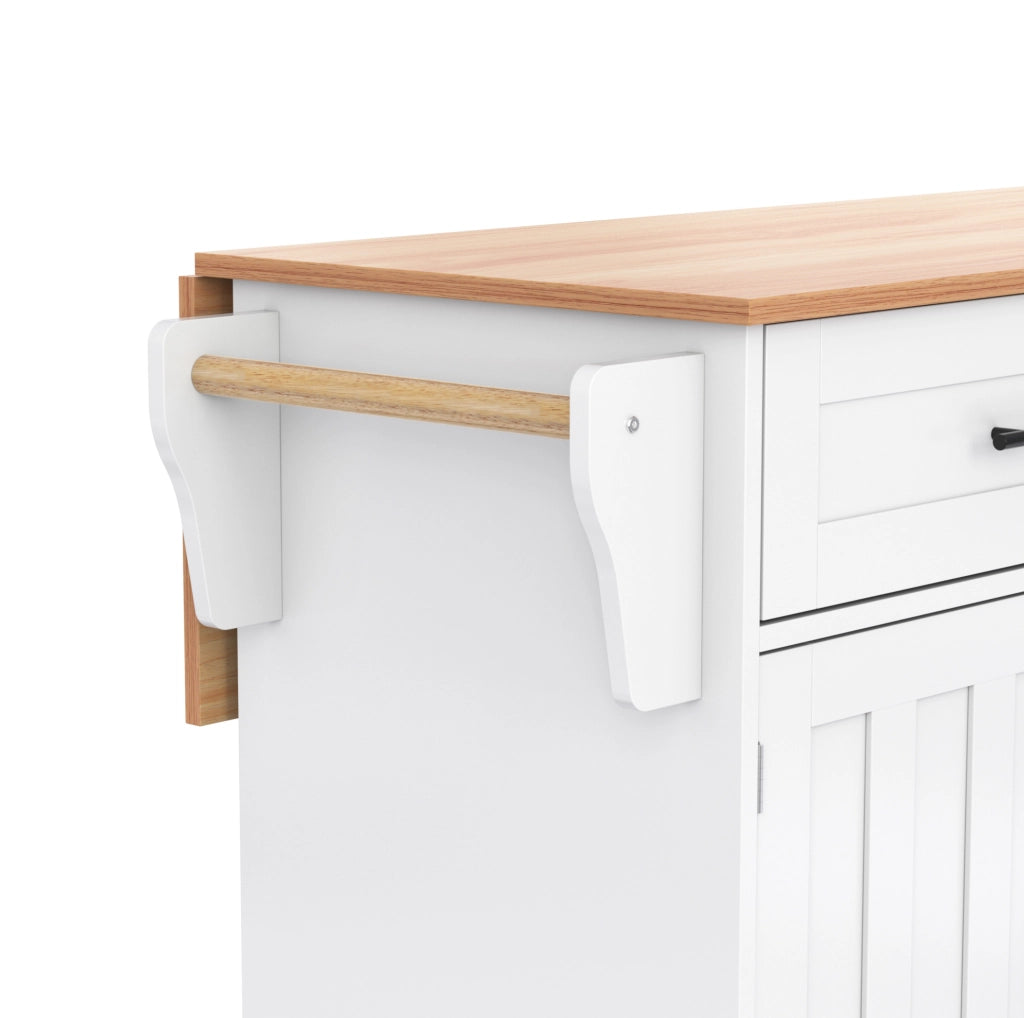 Carrello isola da cucina in MDF con piano pieghevole; 2 cassetti e 5 ruote; bianco e naturale