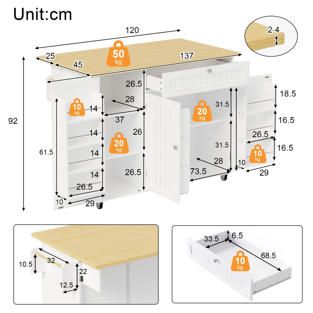 Isola cucina con piano ribaltabile, carrello con cassetto e spazio contenitivo, colore Natural e Bianco