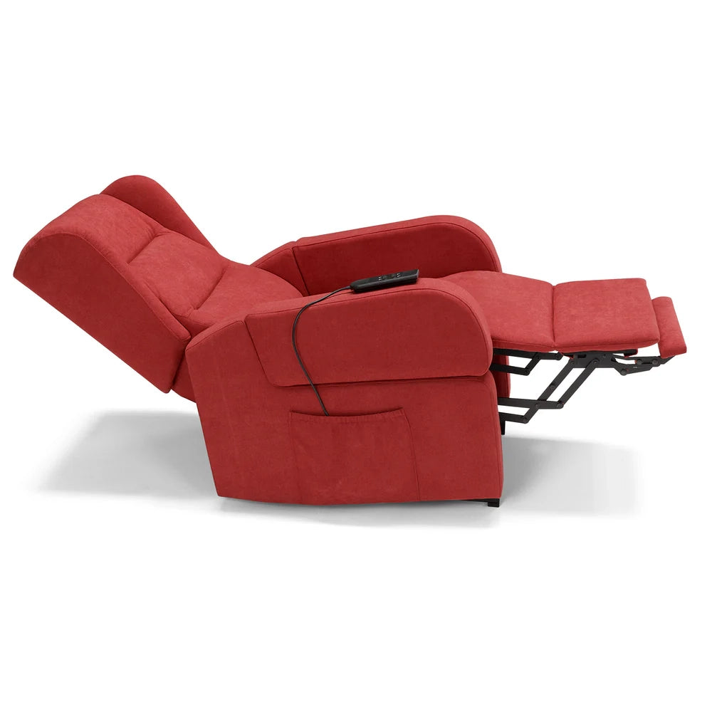 Poltrona relax elettrica Bilbao per anziani, 2 motori, 2 ruote, reclinazione e alzapersona, braccioli estrabili, doppia pediera, colore Rosso