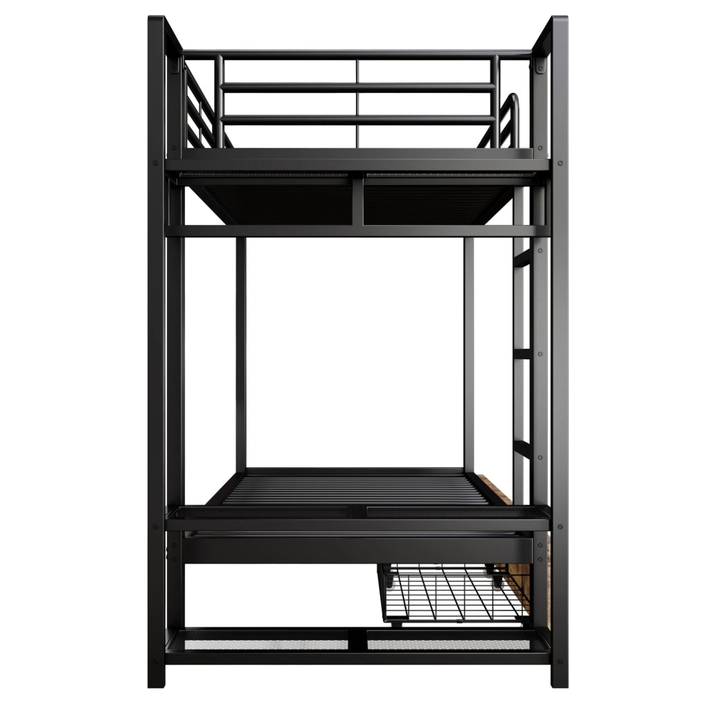 Letto a castello 90 x 200 cm in metallo nero con LED, cassetti, ripiani e stendibiancheria