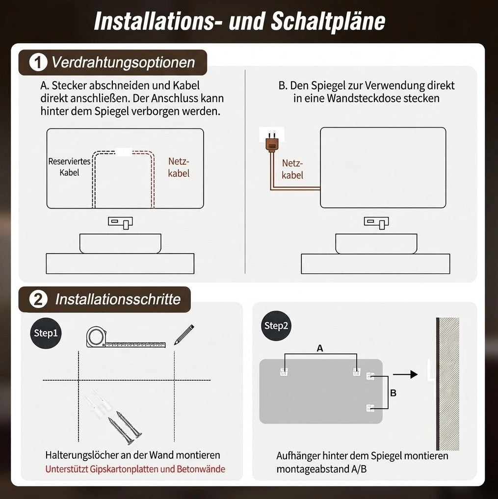 Specchio da bagno LED nero con antiappannamento e dimmer