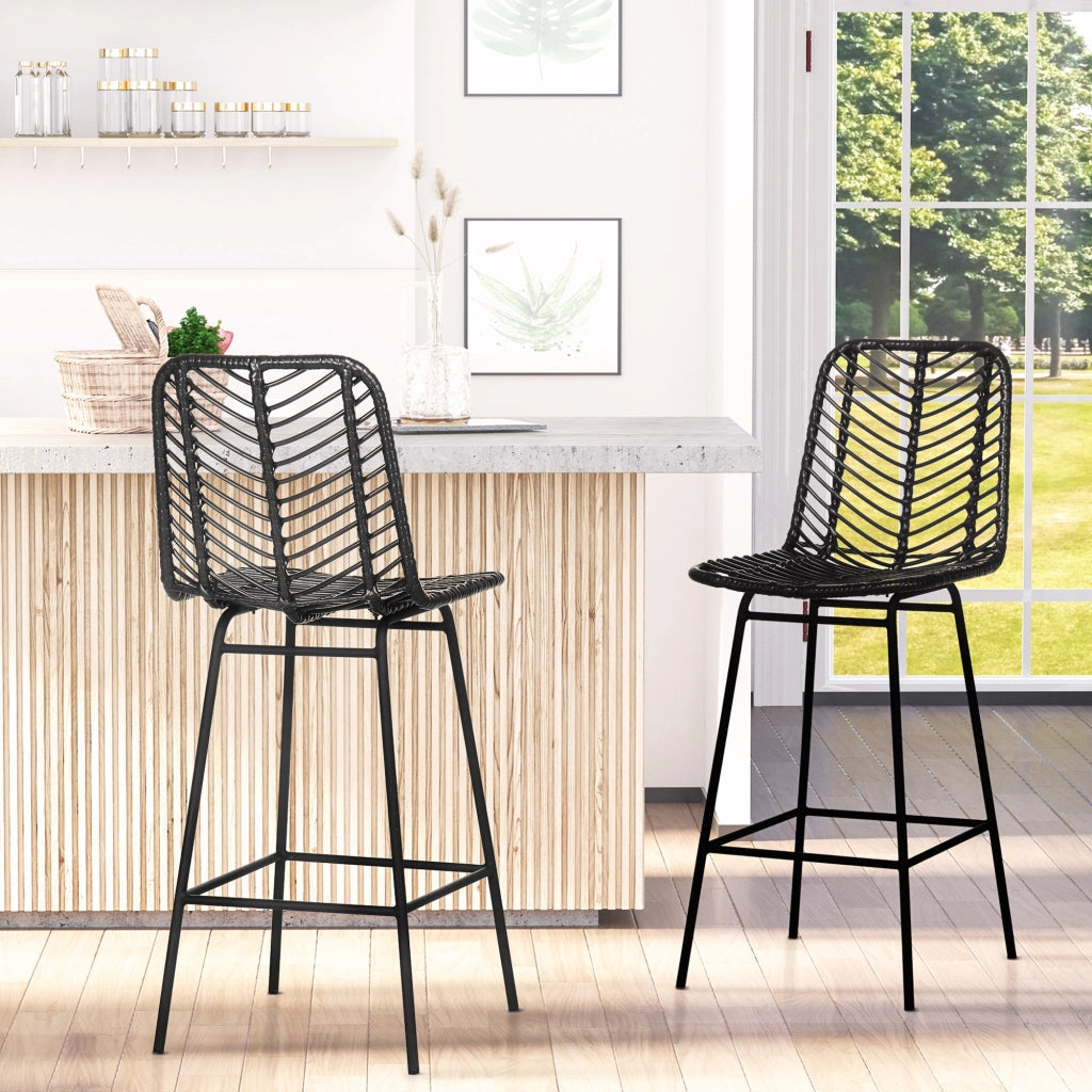 Sgabelli da bar design bohemien con poggiapiedi ¨C zephmum ¨C metallo e rattan, nero, 66 cm