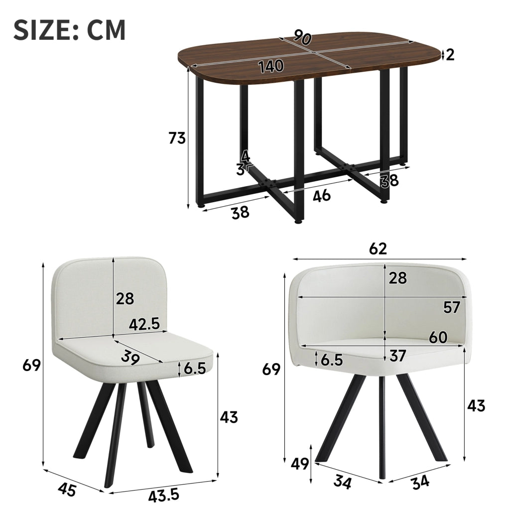 Set da pranzo con finitura effetto legno, composto da 6 sedie in tessuto di lino e un tavolo da pranzo (140 x 90 cm), beige e noce