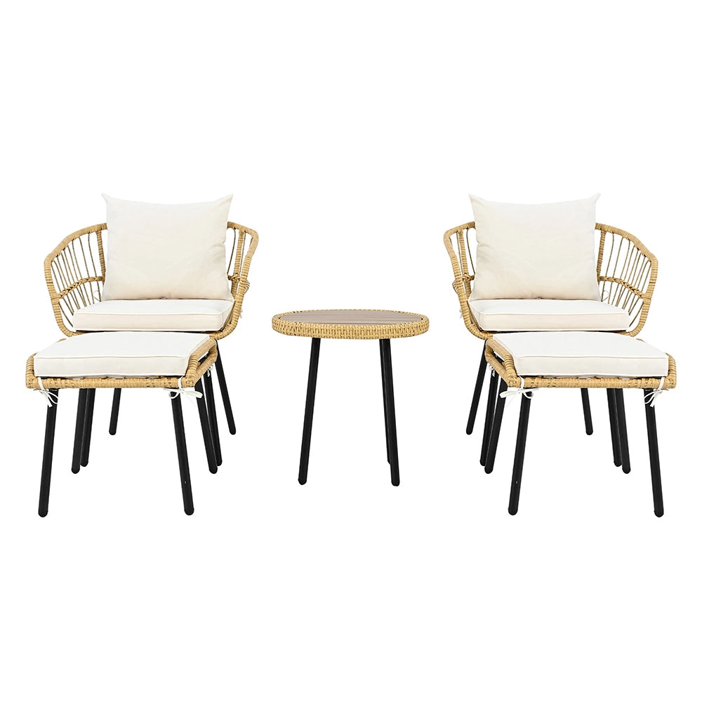 Set da giardino 5 pezzi - Xylo - Tavolo+2 sedie+2 sgabelli in rattan naturale