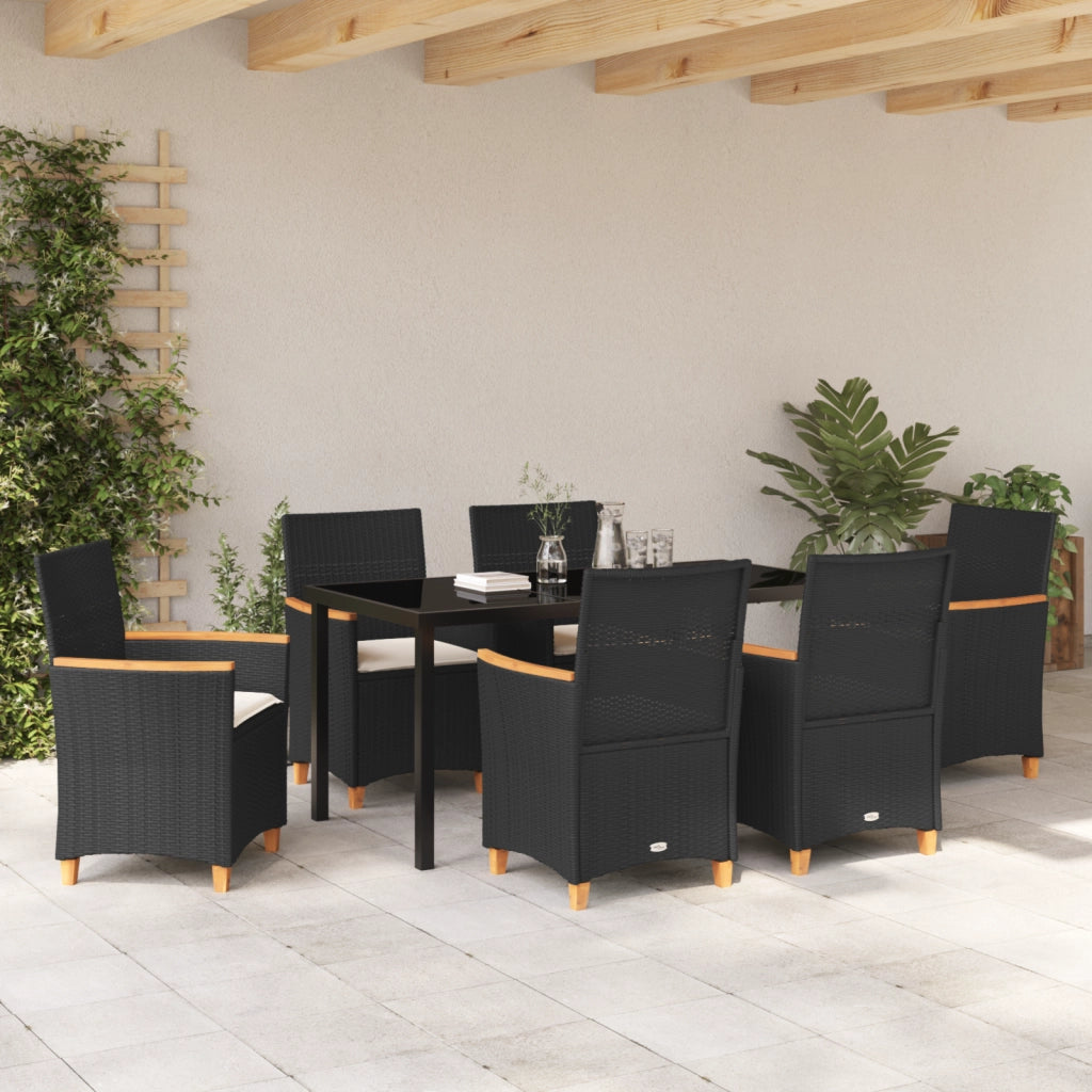 Set da Pranzo da Giardino 7 Pezzi con Cuscini Nero Rattan PE
