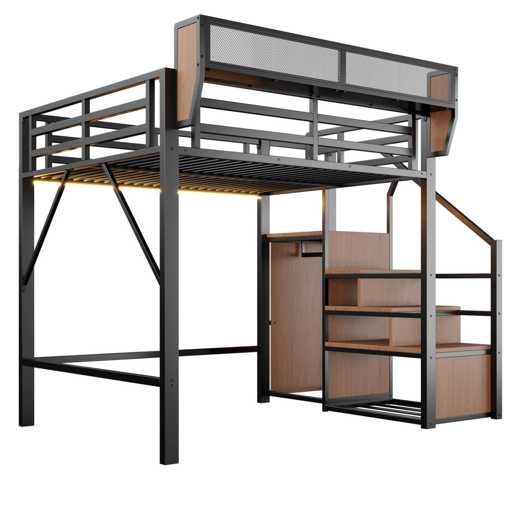 Letto a soppalco 140x200 cm in metallo con LED; scala di sicurezza e ripiani; nero