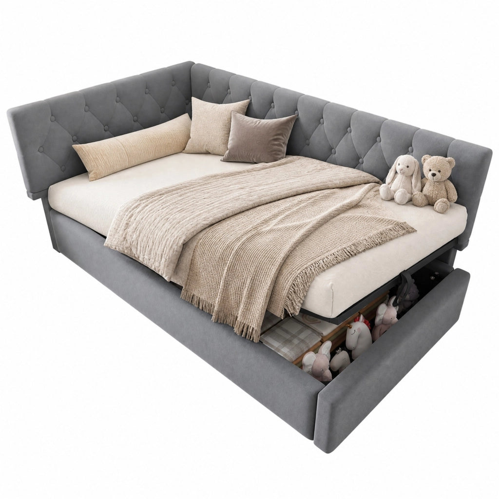 Letto imbottito a L in velluto grigio 90x190 cm con contenitore idraulico