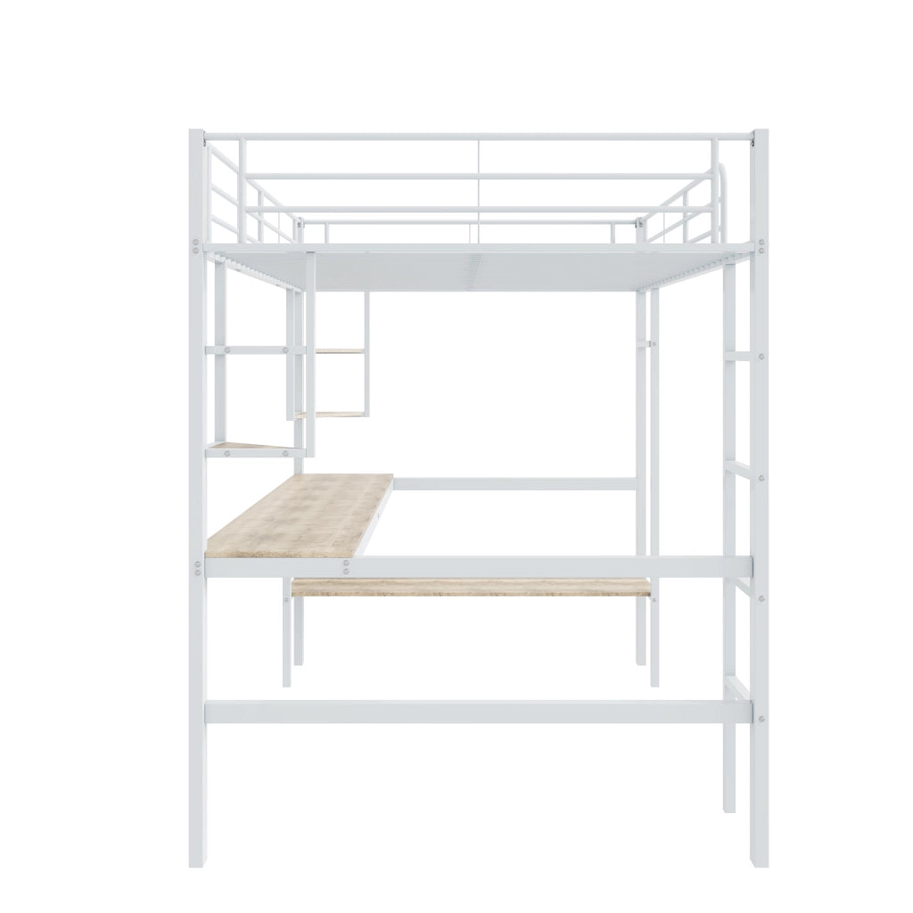 Letto a castello bianco in metallo con scrivania e scaffali 90x200 cm
