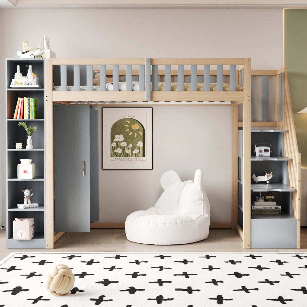 Letto a soppalco 90x200 cm con armadio e scale, grigio