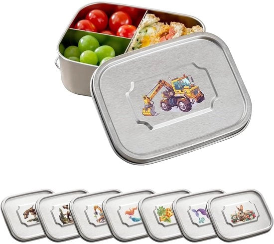 Lunchbox portatile in acciaio inossidabile per bambini con 3 compartimenti e 2 fermagli laterali - lavabile in forno a microonde - con adesivi DIY per bambini (850ml/30oz)