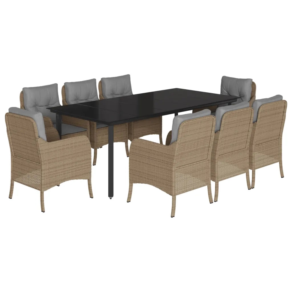 Set da Pranzo da Giardino 9 pz con Cuscini Beige in Polyrattan