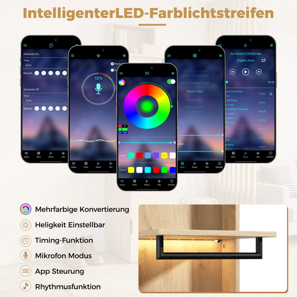 Armadio guardaroba 155 × 47 × 200 cm con 5 cassetti 3 appendiabiti specchio e LED in MDF antracite e rovere