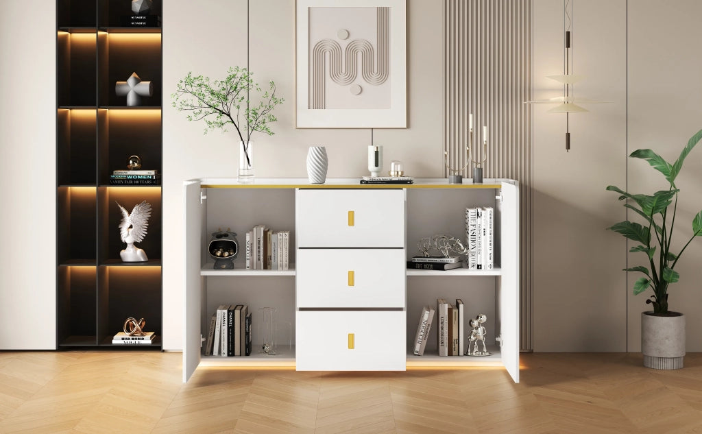 Sideboard Bianco 150x35x80 cm con Illuminazione LED, 2 Ante e 2 Cassetti