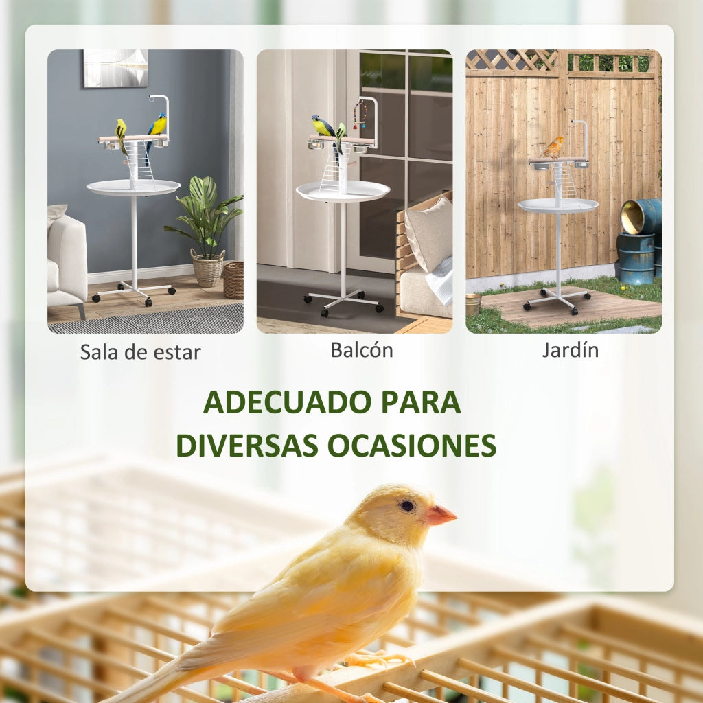 Mangiatoia per Uccelli con Supporto ¨C Xylo ¨C ?60x138 cm con 4 Ruote 2 Ciotole Acciaio 2 Posatoi Bianco