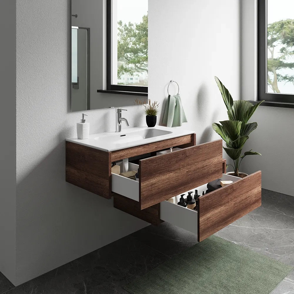 Mobile bagno sospeso modulare 80cm due cassetti apertura push&pull rovere barok con lavabo | Galdor