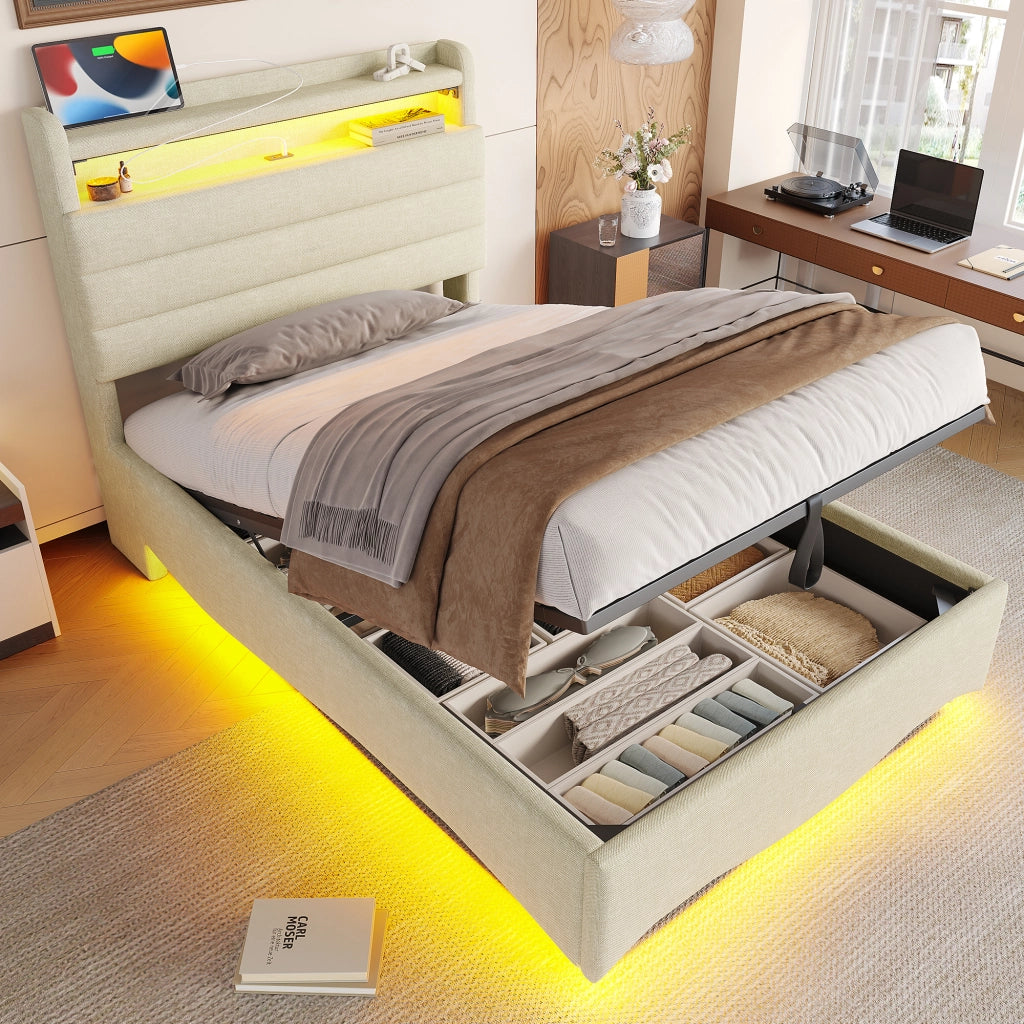 Letto imbottito 90x200 LED idraulico USB/Type-C lino beige