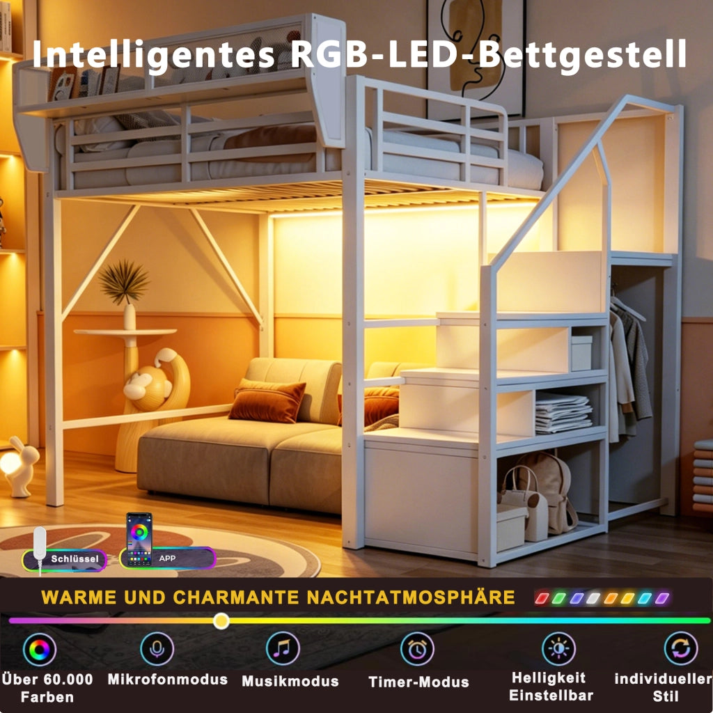 Letto a soppalco 140 × 200 cm con led, scaletta di sicurezza e ripiani, senza materasso, metallo bianco