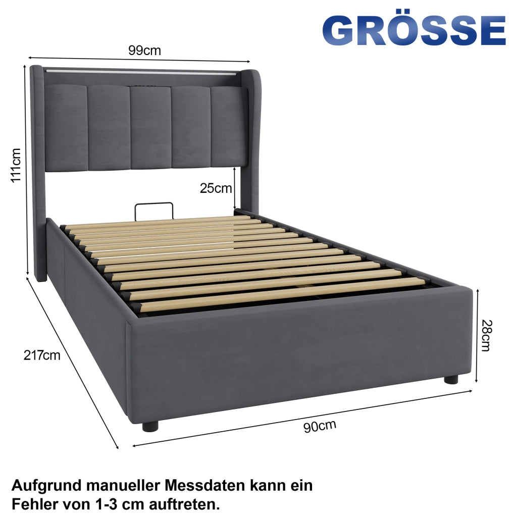 Letto singolo contenitore imbottito grigio scuro 90x200 cm con LED e ricarica USB