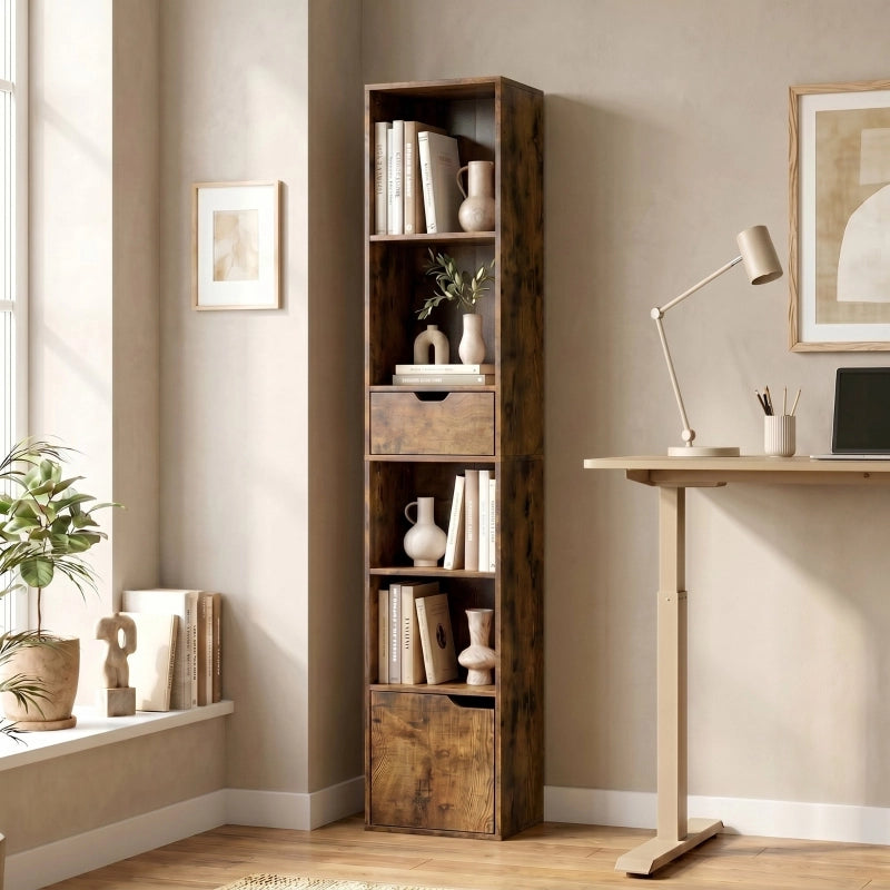 LIBRERIA A 4 SCOMPARTI CON CASSETTO E SPORTELLO 30x24 cm LEGNO MARRONE RUSTICO