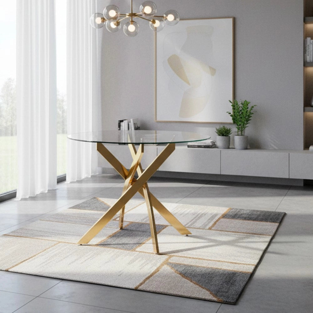 Tavolo Rotondo Peyton 100x100 cm in Vetro Temperato con Gambe Incrociate oro