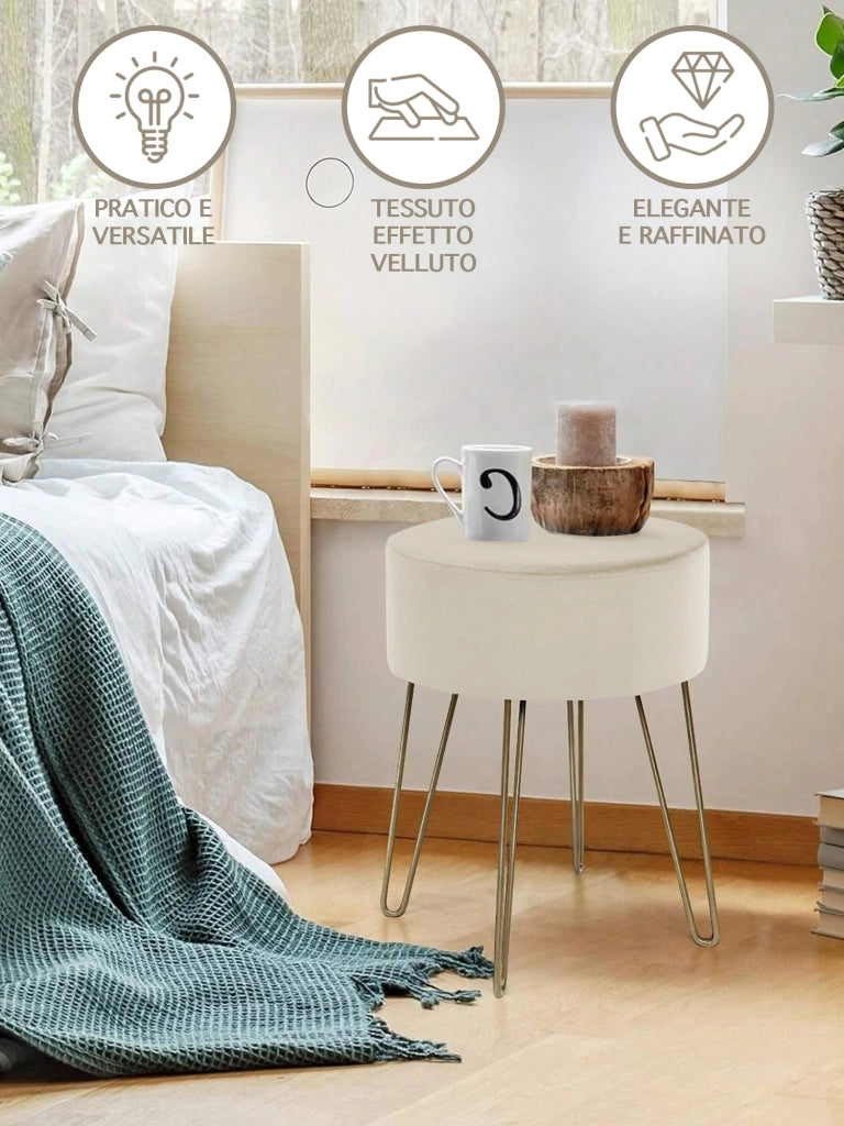 Pouf Poggiapiedi In Velluto Con Gambe Dorate Elegante Imbottito Sgabello Per Toeletta Mobile Trucco Ottomano Ingresso Tavolino Camera Da Letto Soggiorno Salotto  - Beige - Rotondo