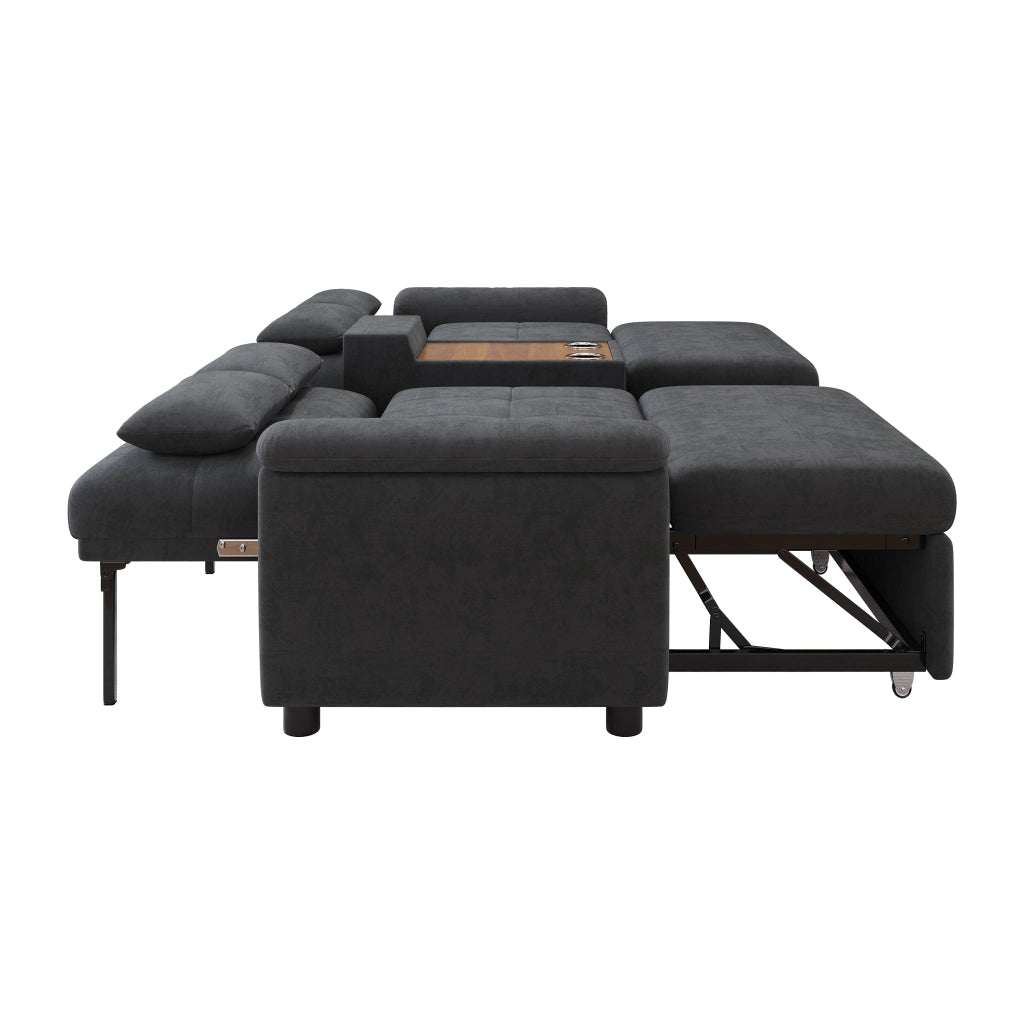 Divano letto estraibile con schienale regolabile e portabicchieri in chenille grigio scuro