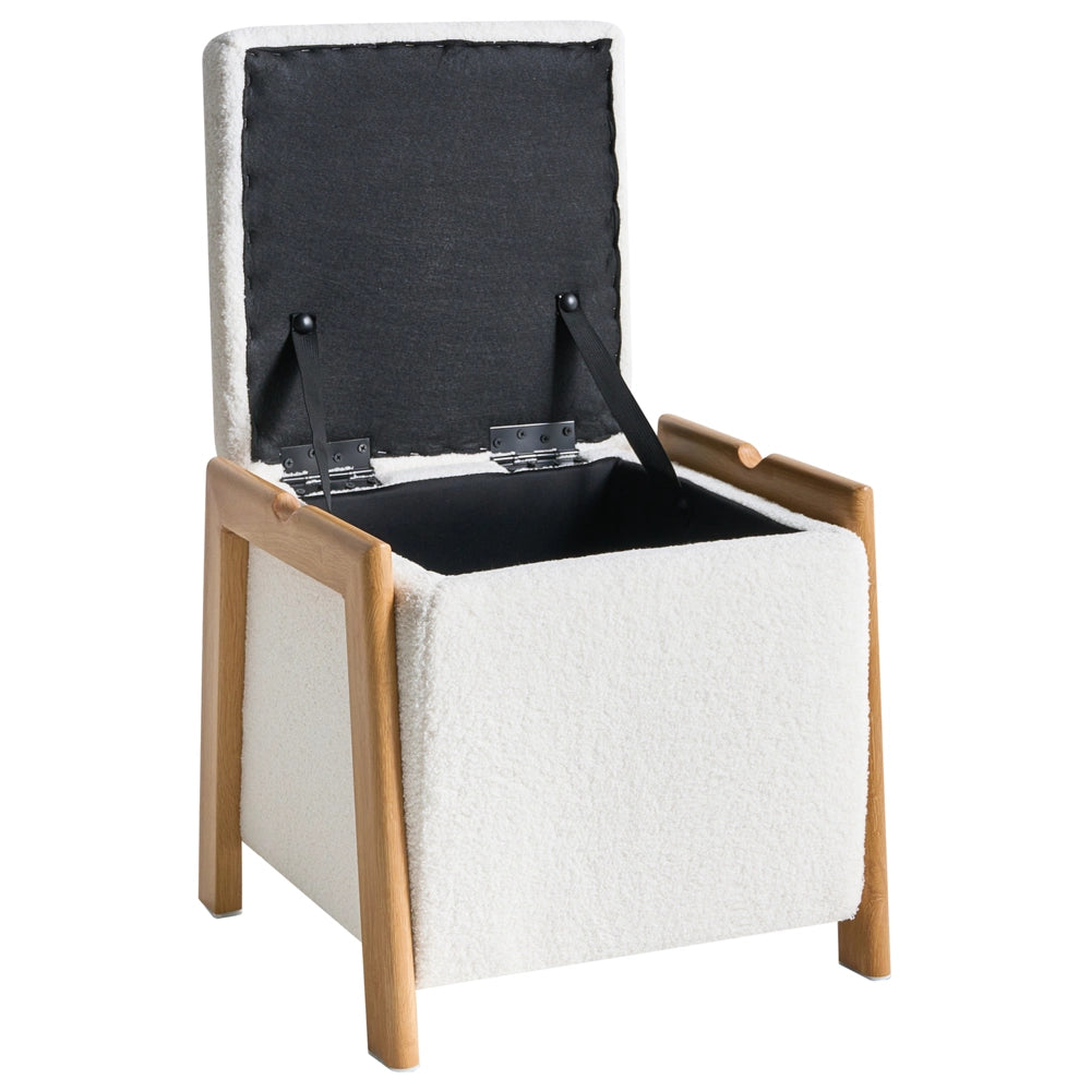 Pouf rivestito in tessuto bouclè bianco con contenitore Accessorio Soggiorno Camera da letto Glam Retrò