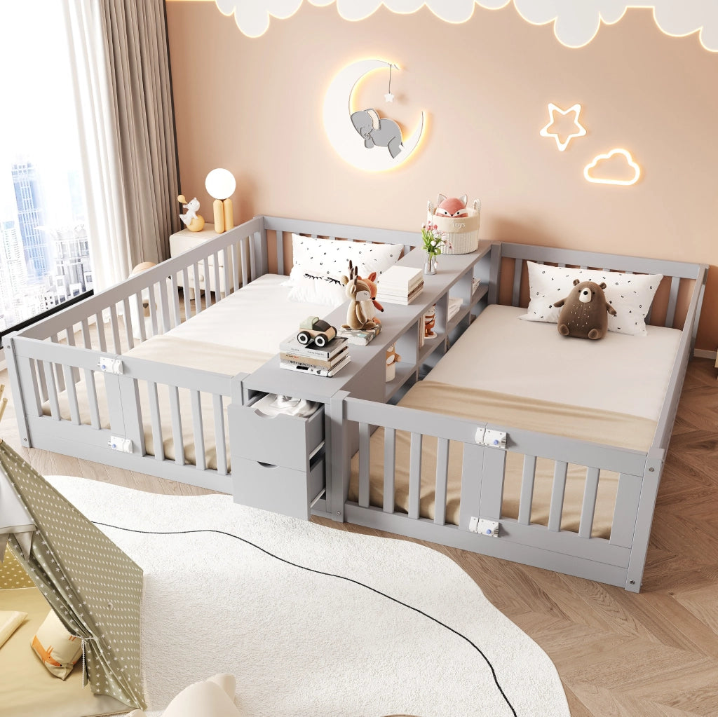 Letto multifunzione per bambini 90x200 cm con 2 posti, cassetti e libreria grigio