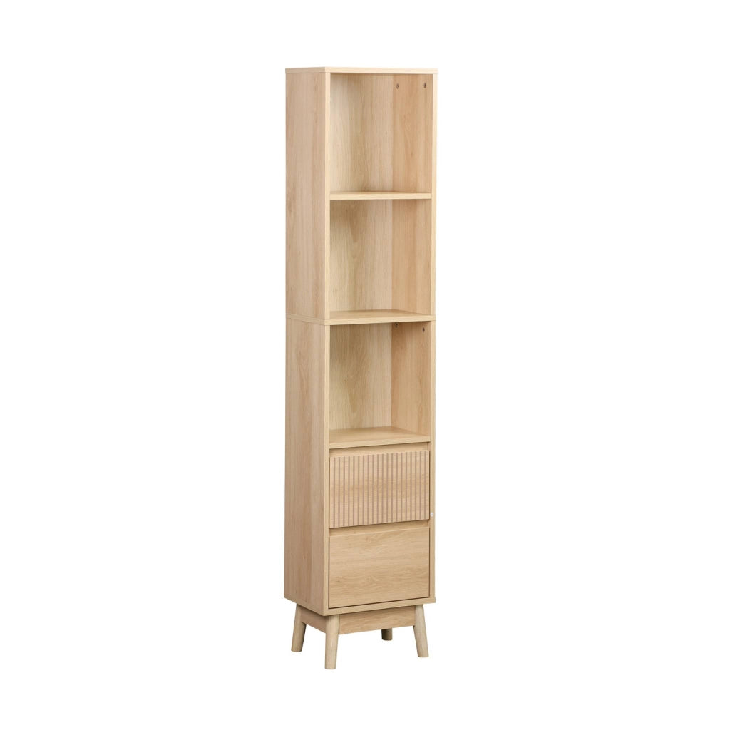Colonna di stoccaggio decorativa in legno con 3 ripiani e 2 cassetti,