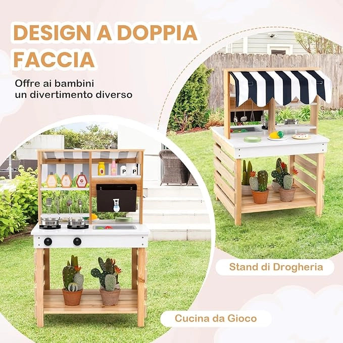 Cucina Giochi in Legno a Doppia Faccia, Cucina Giocattolo con Fornelli, Lavandino, Vaschetta per l'Acqua, Rubinetto, Set di Cucina per Esterni con Tetto, per Bambini dai 3+ Anni, 58 x 56 x 87